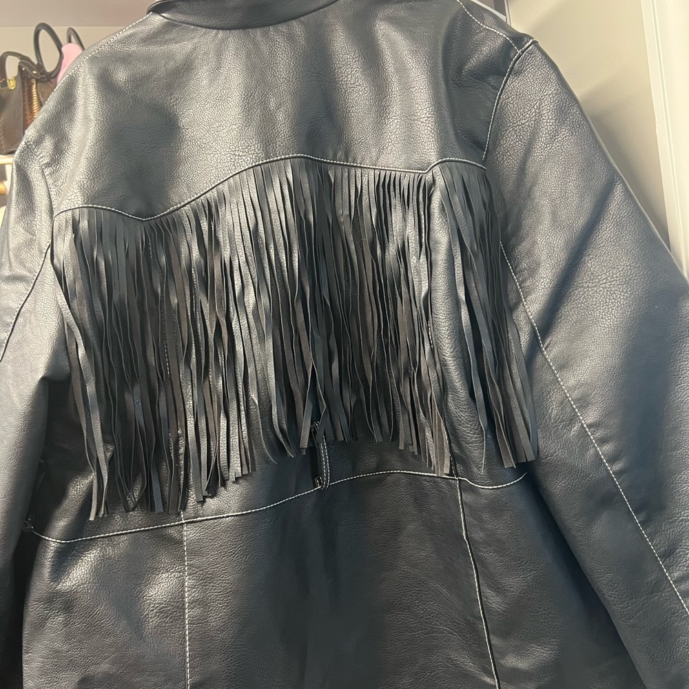 Faux leather fringe jacket